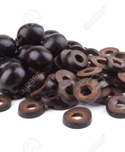 Marinated slices black olives isolated on white background